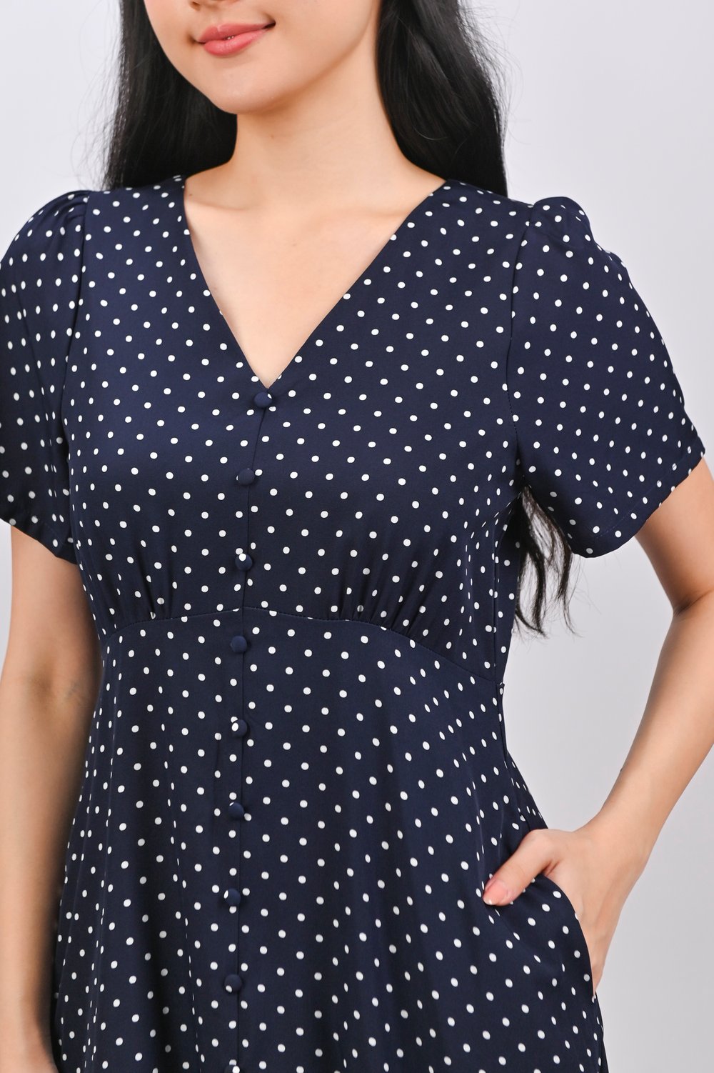 MORWENNA SLEEVED BUTTON MIDI DRESS IN NAVY POLKA