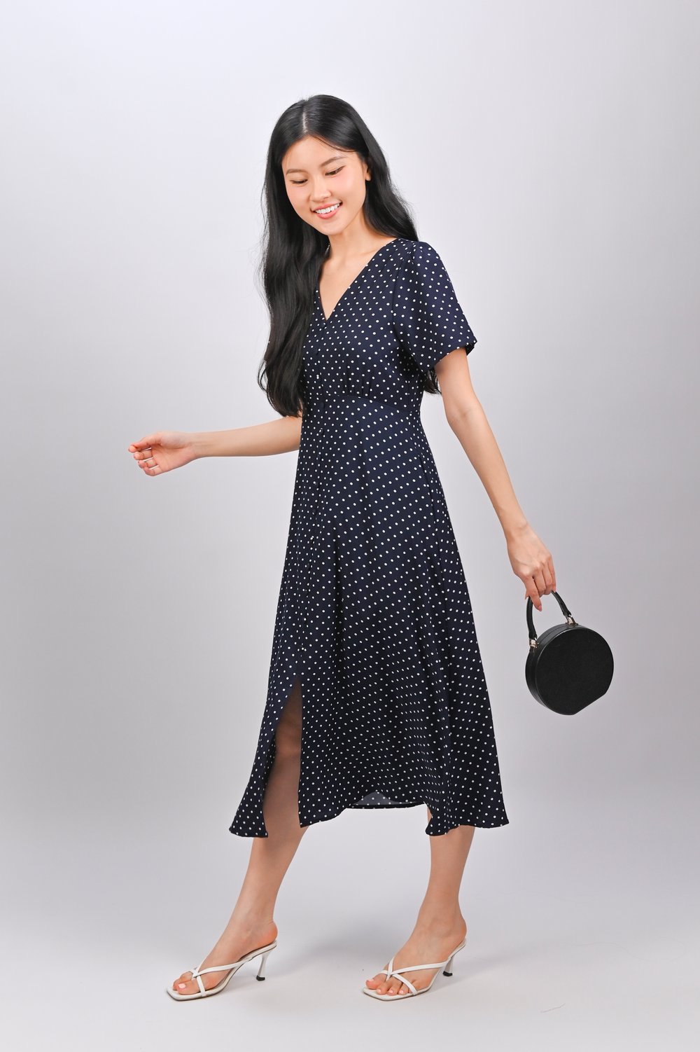 MORWENNA SLEEVED BUTTON MIDI DRESS IN NAVY POLKA