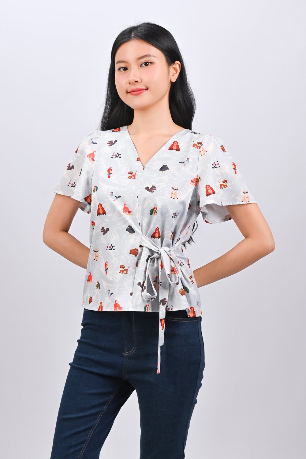 BLUE ZOOPERSTARS SLEEVED TIE-SASH TOP