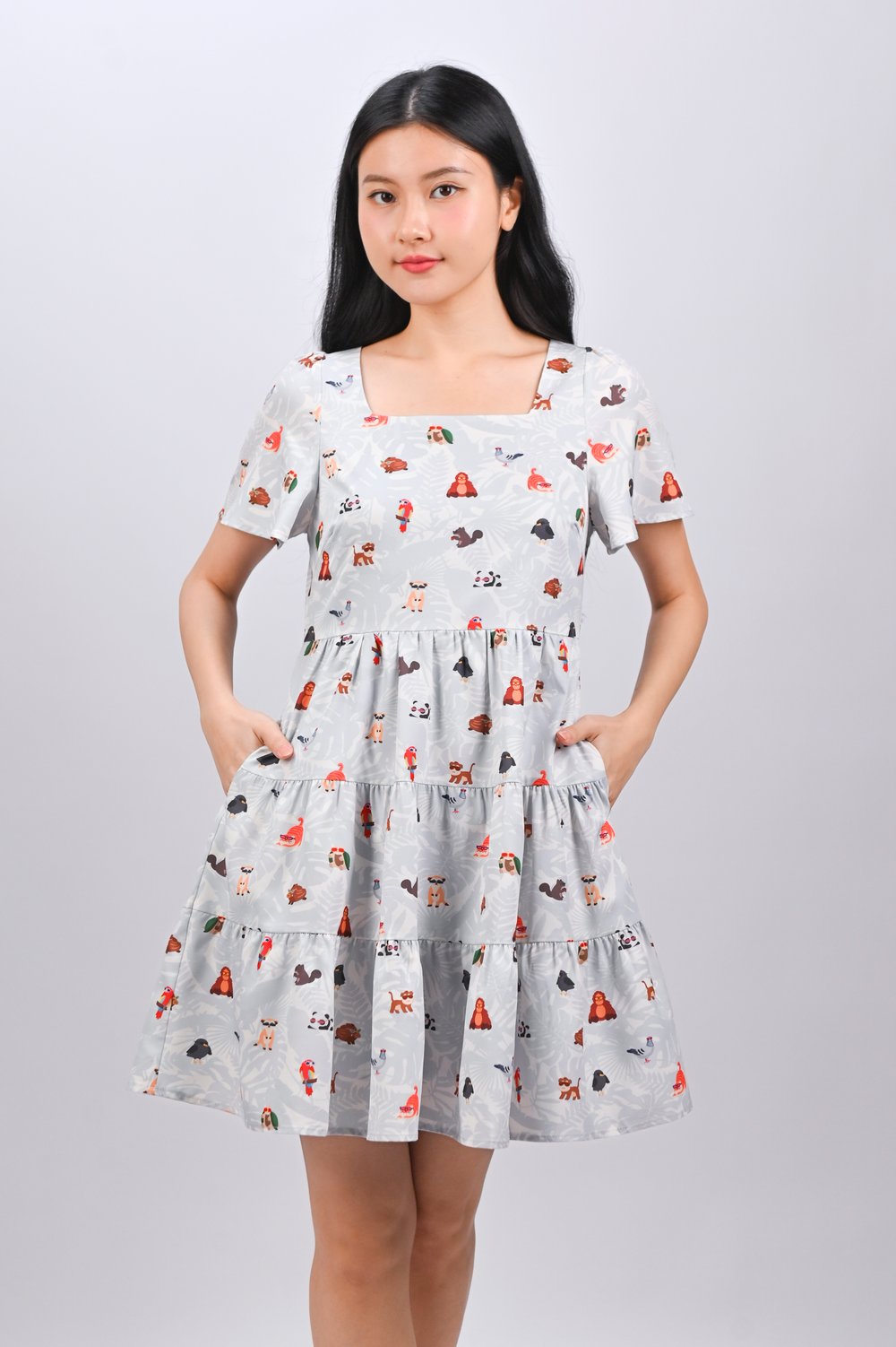 BLUE ZOOPERSTARS SQUARE-NECK BABYDOLL DRESS