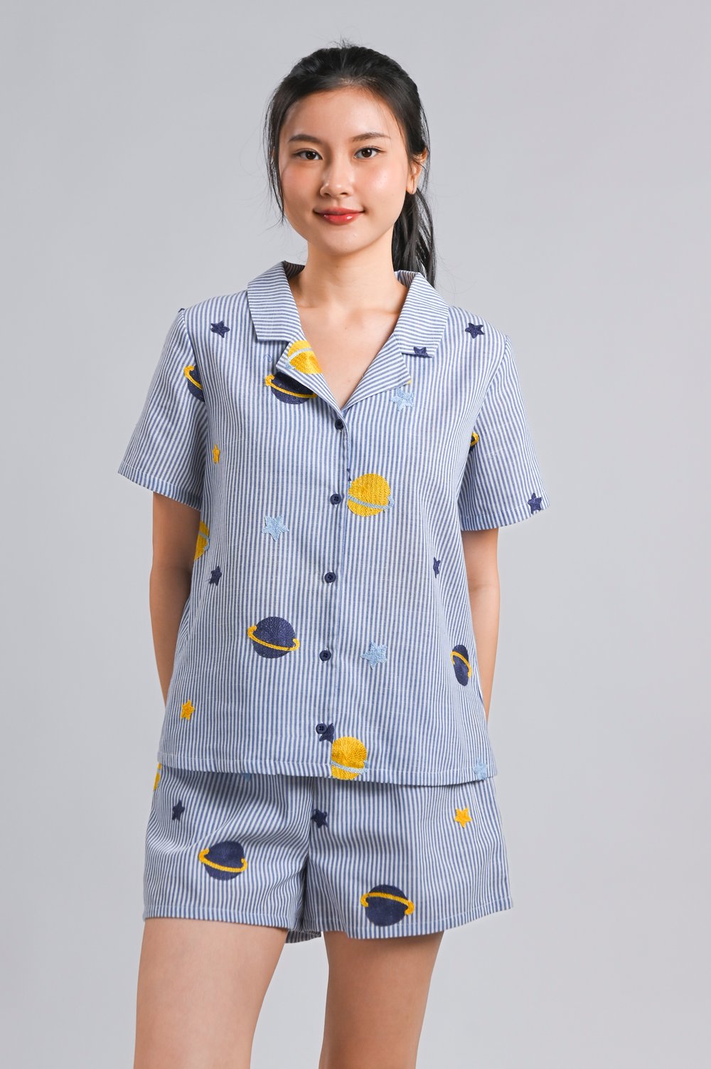 GALAXY EMB. CAMP COLLAR SHIRT IN STRIPES