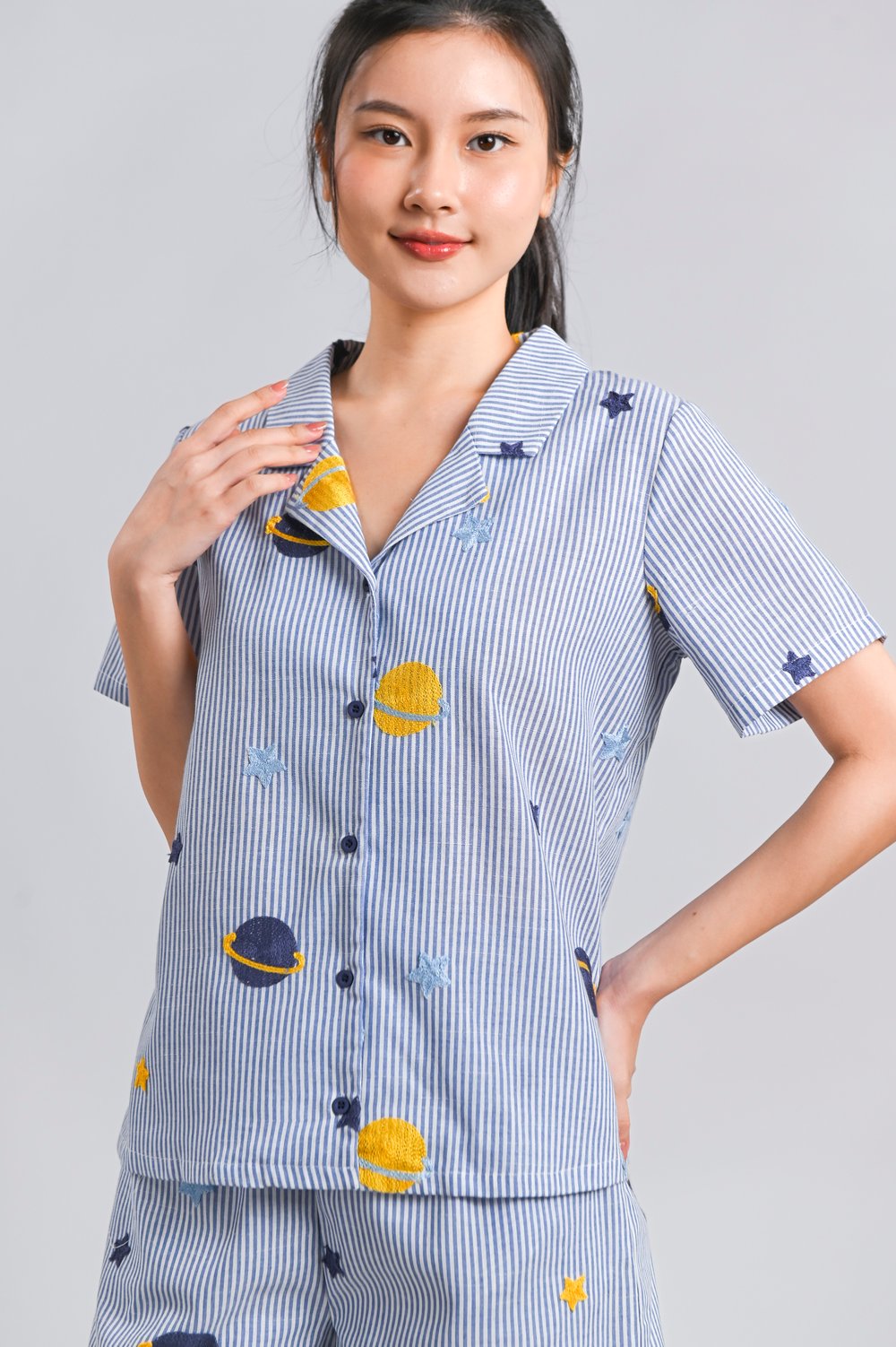 GALAXY EMB. CAMP COLLAR SHIRT IN STRIPES