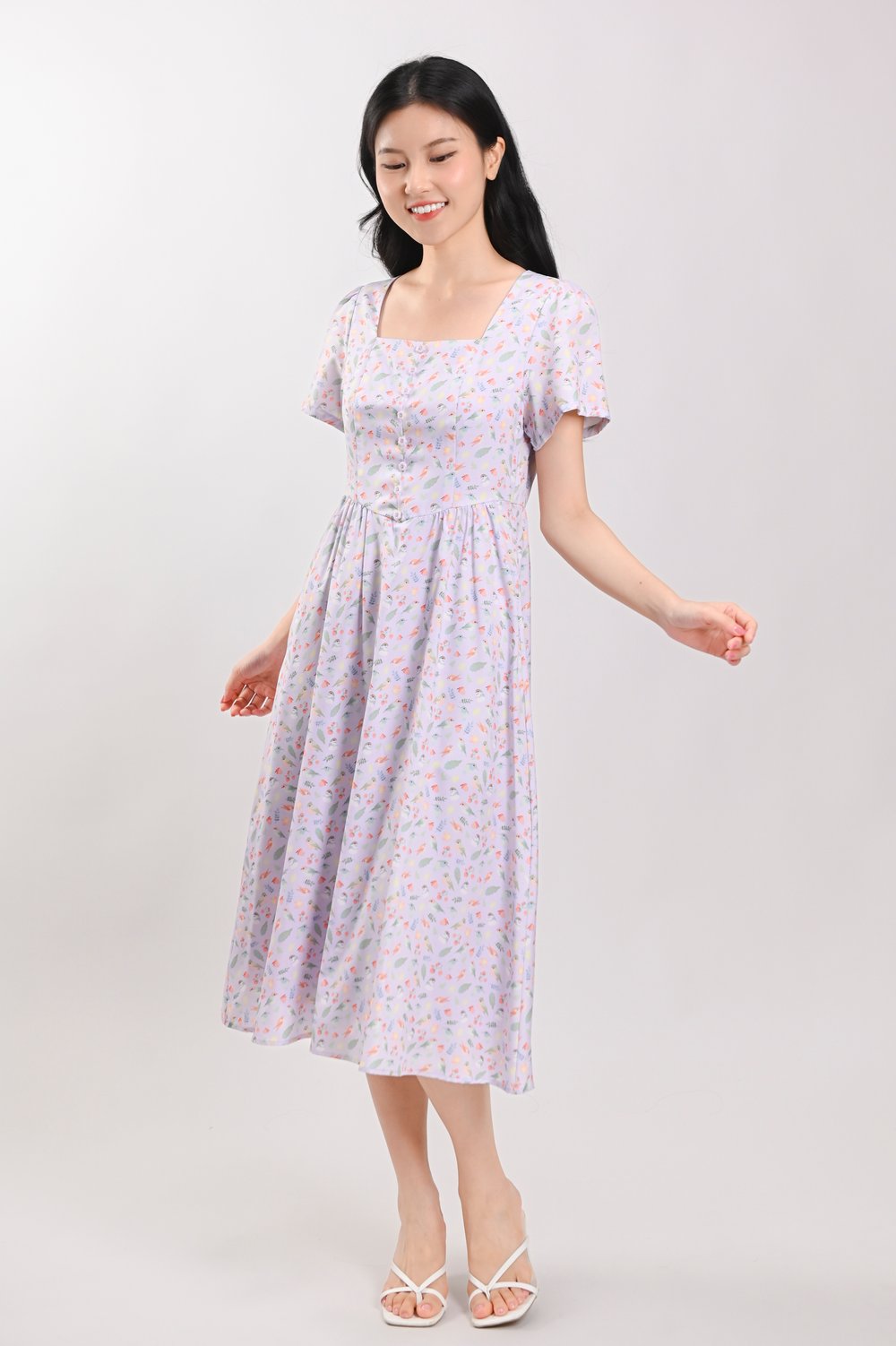 LILAC FRIENDS OF THE FOREST SLEEVED BUTTON MIDI DRESS