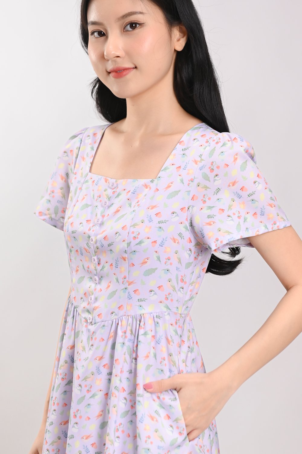LILAC FRIENDS OF THE FOREST SLEEVED BUTTON MIDI DRESS