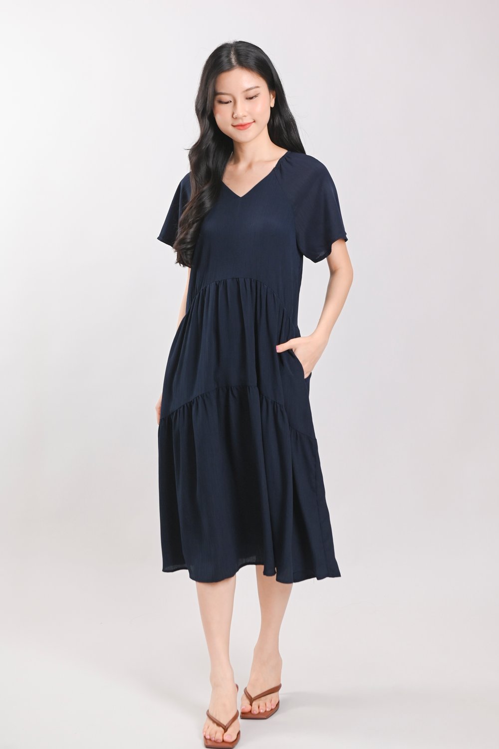 ZANIKA TEXTURED V-NECK SLEEVED TIERED DRESS IN NAVY