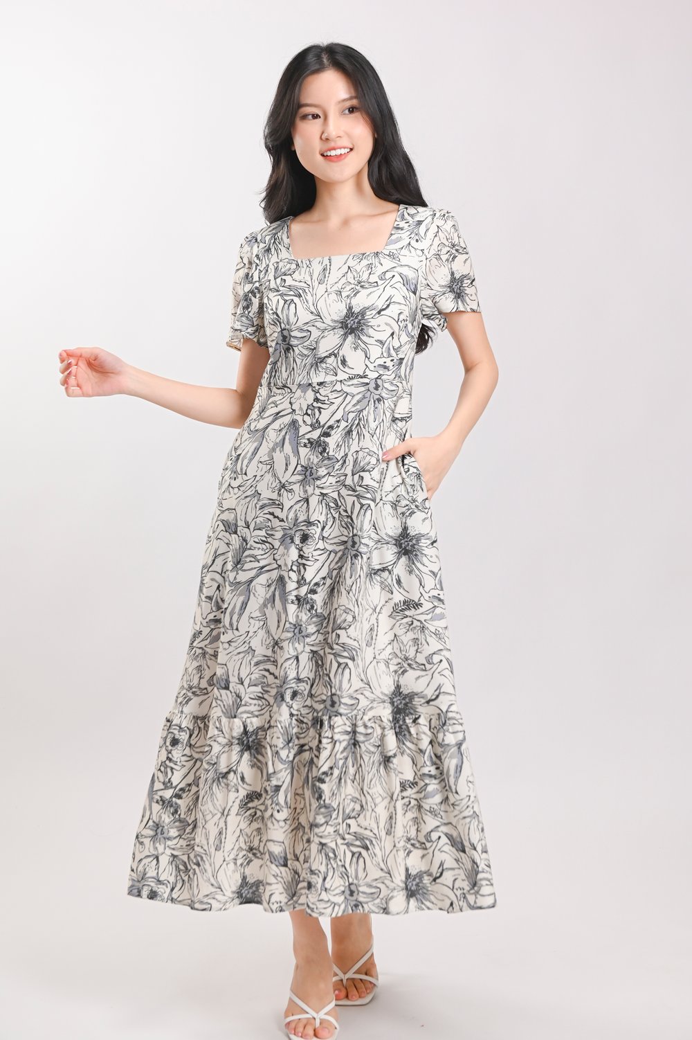 LUMEA CREAM ABSTRACT FLORAL SQUARE-NECK MIDAXI DRESS