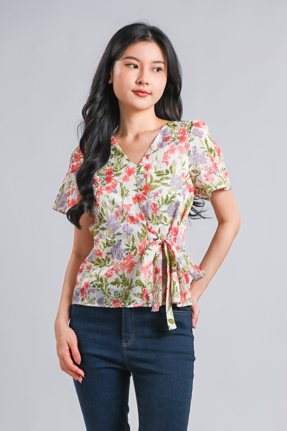 KESHI RED FLORAL SLEEVED TIE-SASH TOP