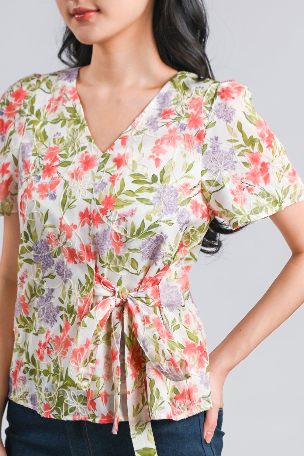 KESHI RED FLORAL SLEEVED TIE-SASH TOP