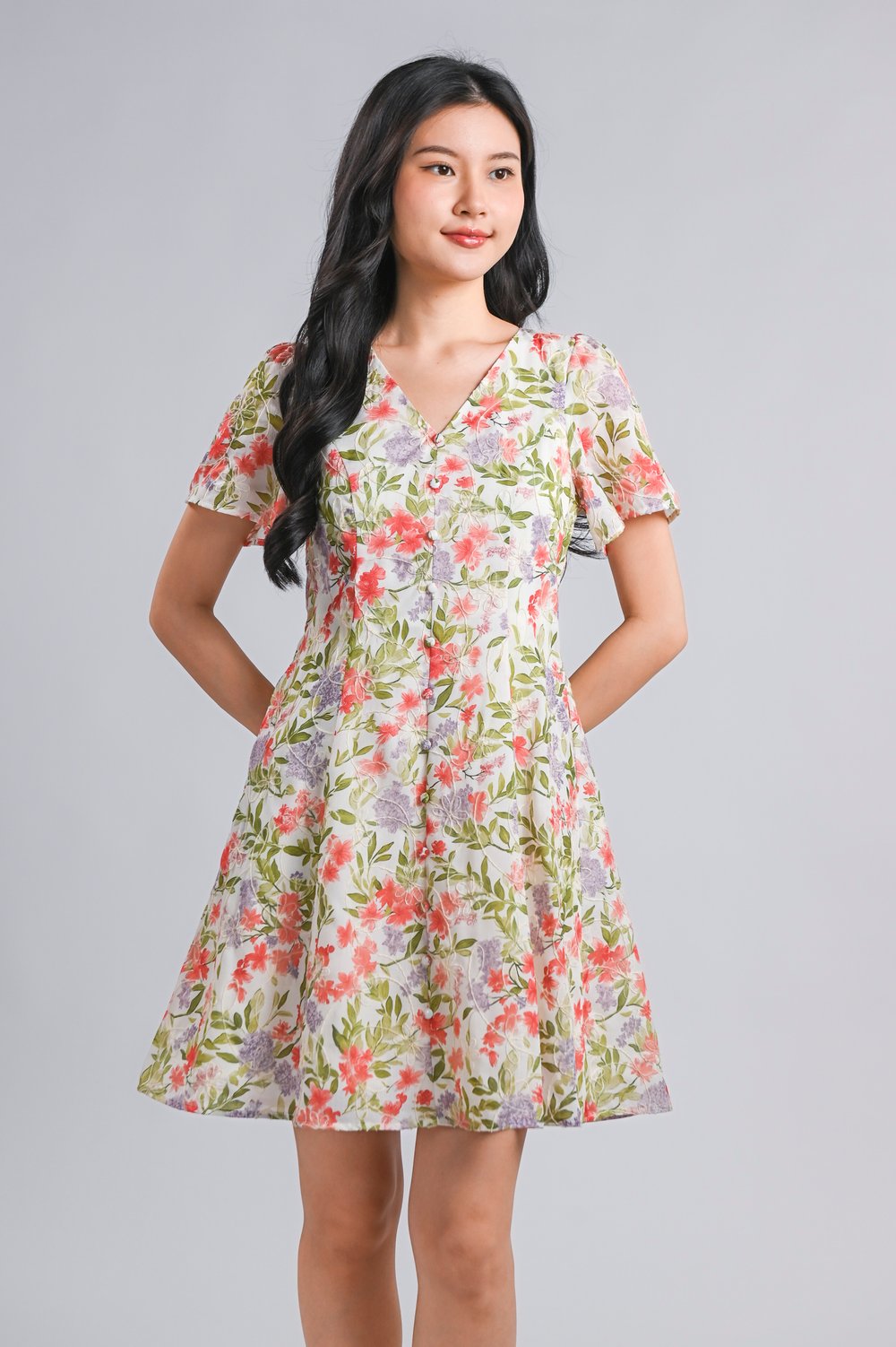 KEYA RED FLORAL V-NECK SLEEVED BUTTON SHORT DRESS
