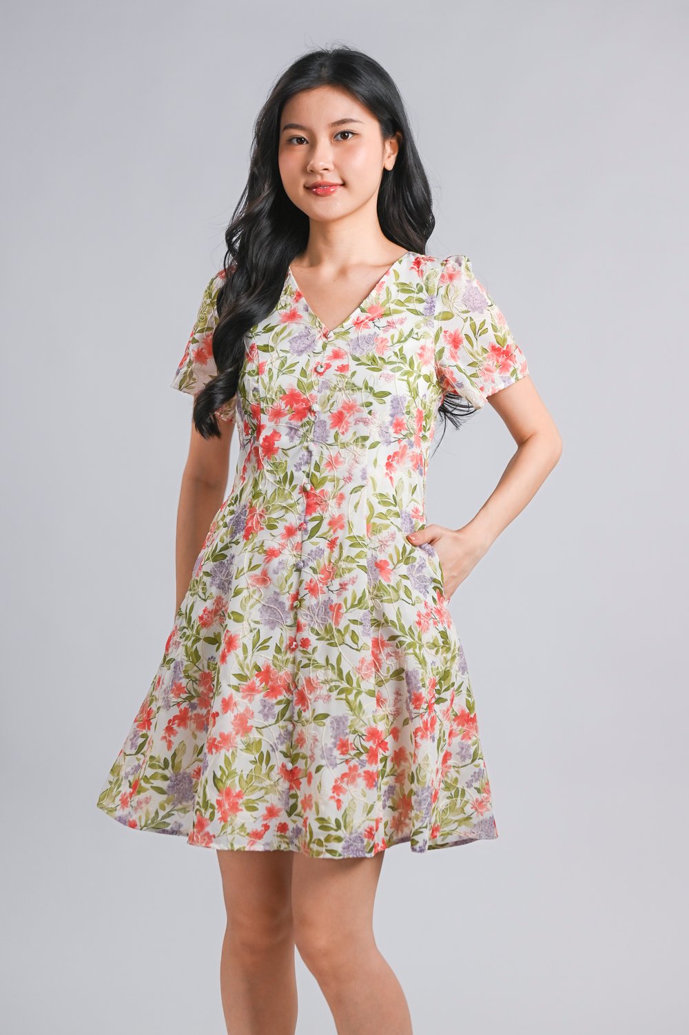 KEYA RED FLORAL V-NECK SLEEVED BUTTON SHORT DRESS