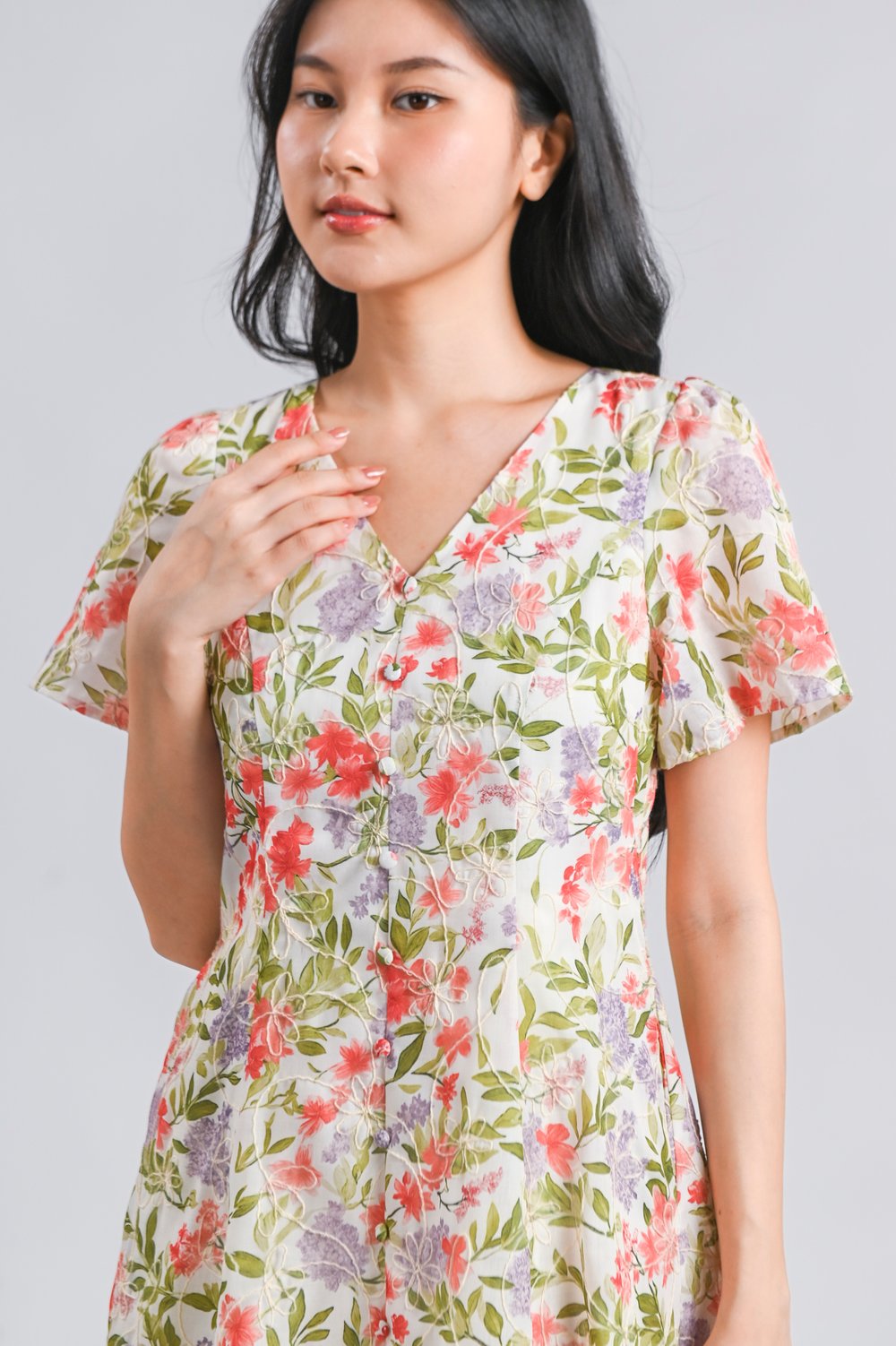 KEYA RED FLORAL V-NECK SLEEVED BUTTON SHORT DRESS