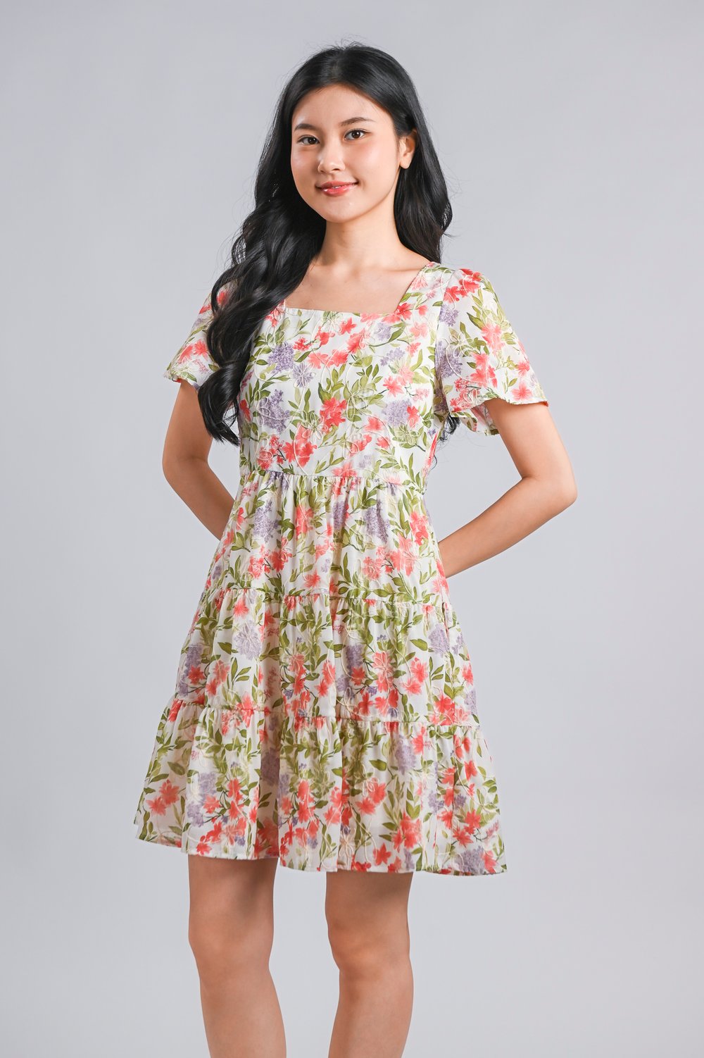 KERU RED FLORAL SQUARE-NECK BABYDOLL DRESS