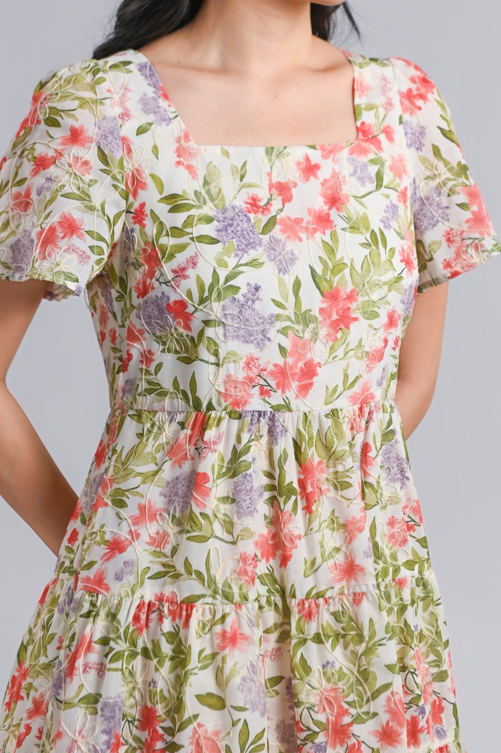 KERU RED FLORAL SQUARE-NECK BABYDOLL DRESS