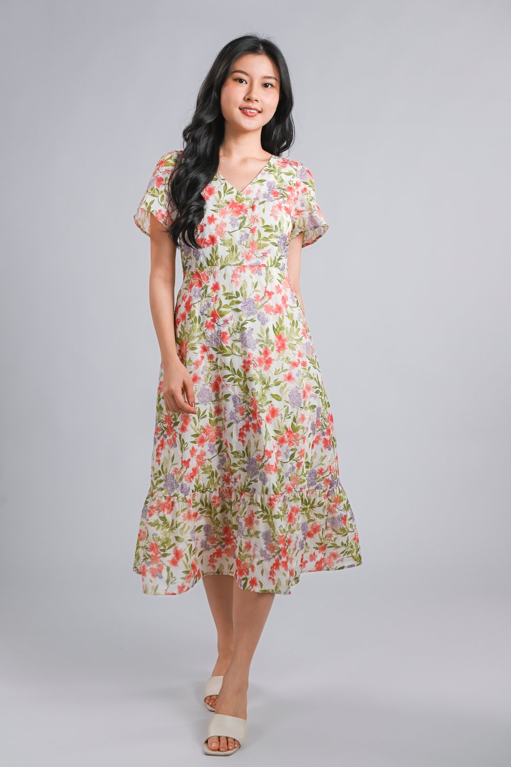 KEQIN RED FLORAL V-NECK SLEEVED MIDI DRESS