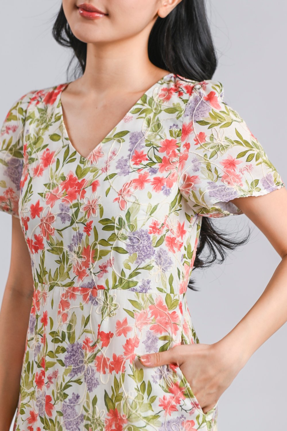 KEQIN RED FLORAL V-NECK SLEEVED MIDI DRESS