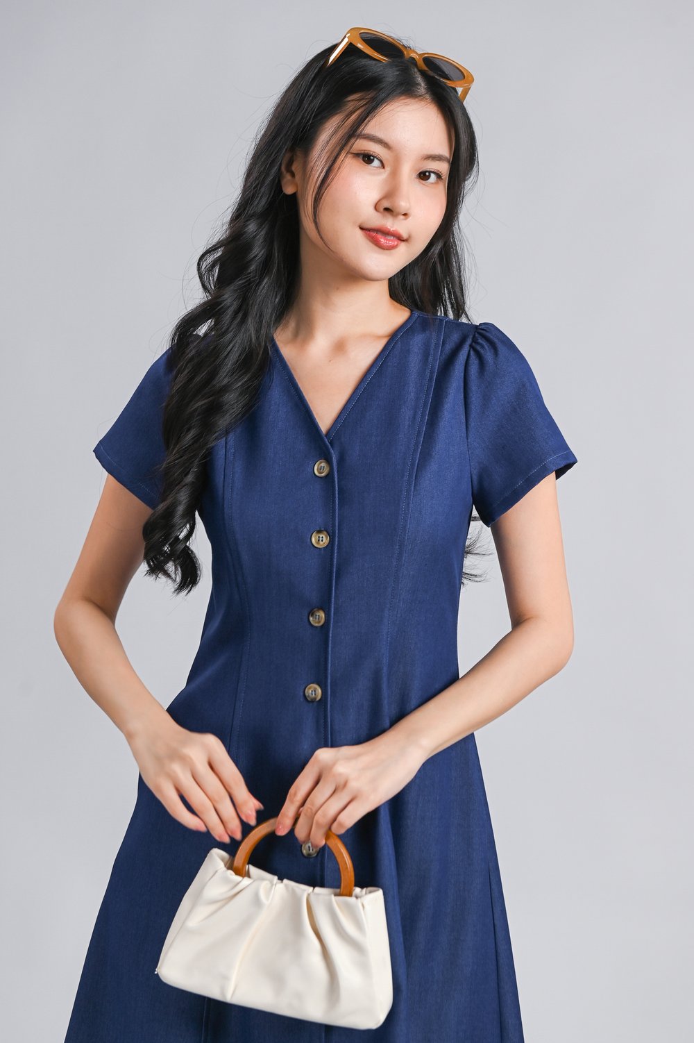 CLARISSA DENIM SLEEVED BUTTON-DOWN MIDI DRESS