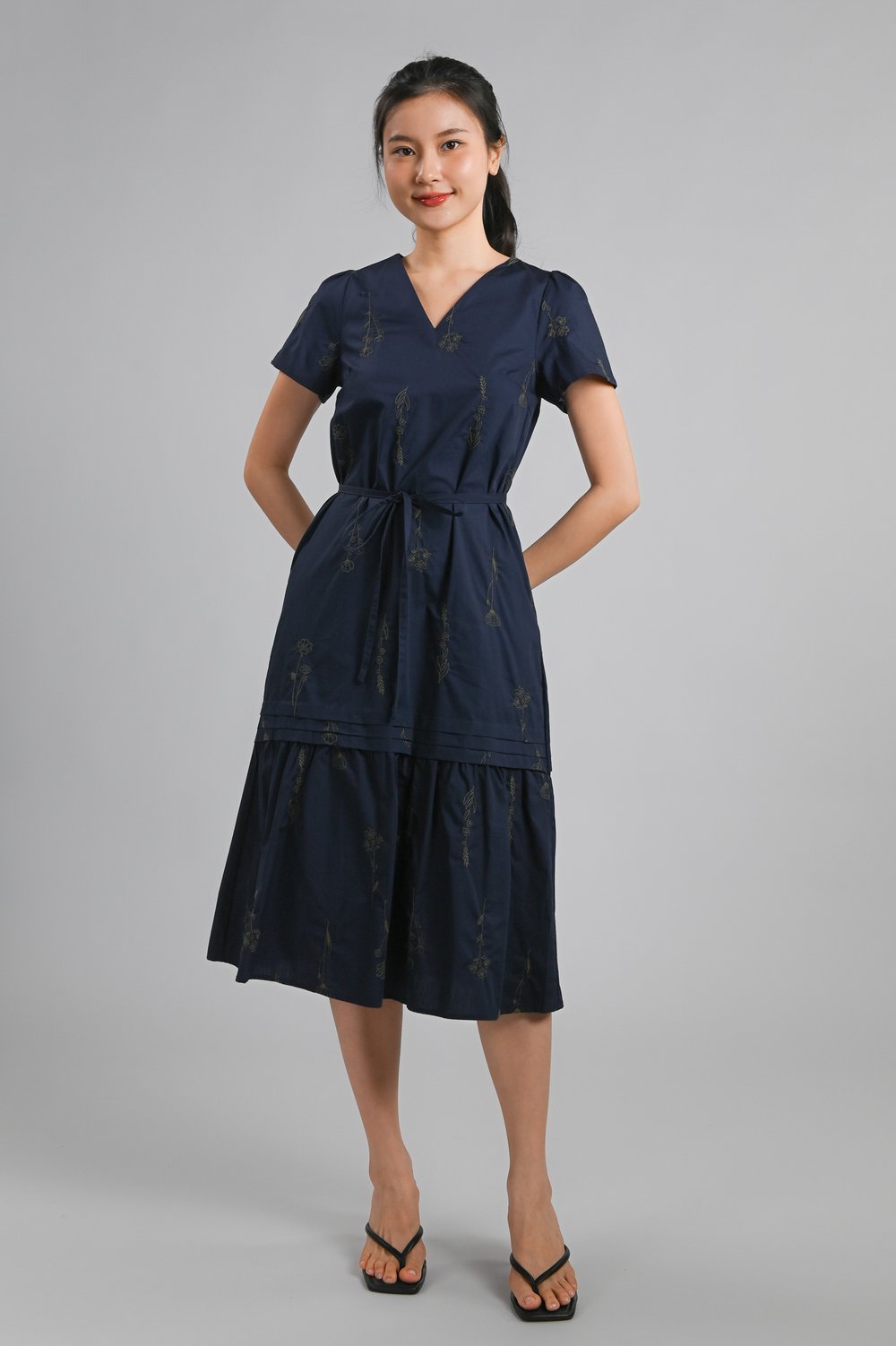 ZELLA NAVY EMB. PINTUCK DROPWAIST MIDI DRESS