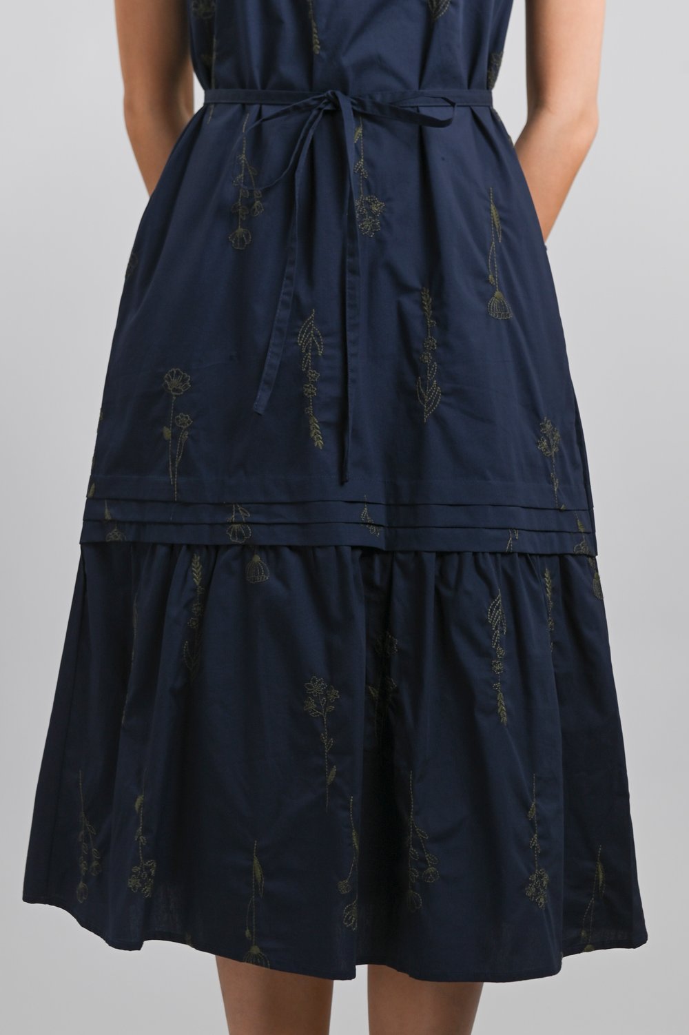 ZELLA NAVY EMB. PINTUCK DROPWAIST MIDI DRESS