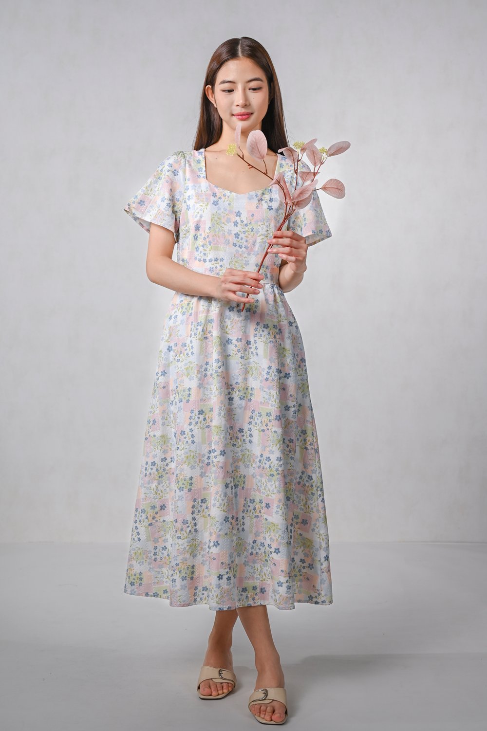 FERN PATCHWORK SWEETHEART SLEEVED MIDI DRESS