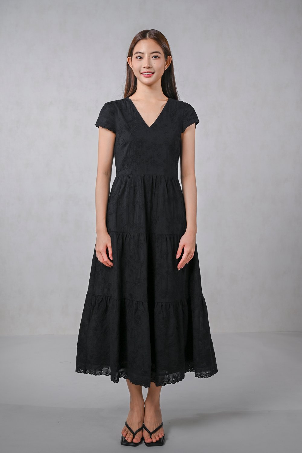 COLETTE EYELET TIERED MIDAXI DRESS IN BLACK