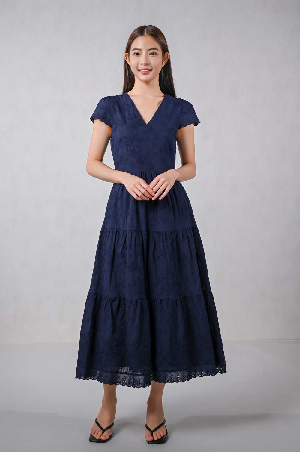 COLETTE EYELET TIERED MIDAXI DRESS IN NAVY