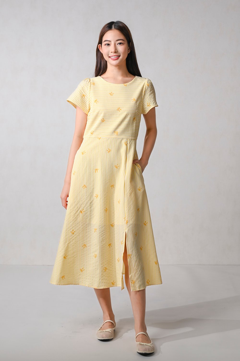 CALLA RIBBON STRIPE SLEEVED MIDI DRESS IN YELLOW