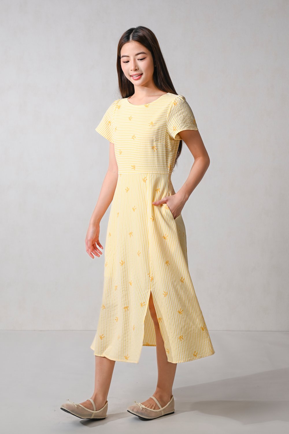 CALLA RIBBON STRIPE SLEEVED MIDI DRESS IN YELLOW