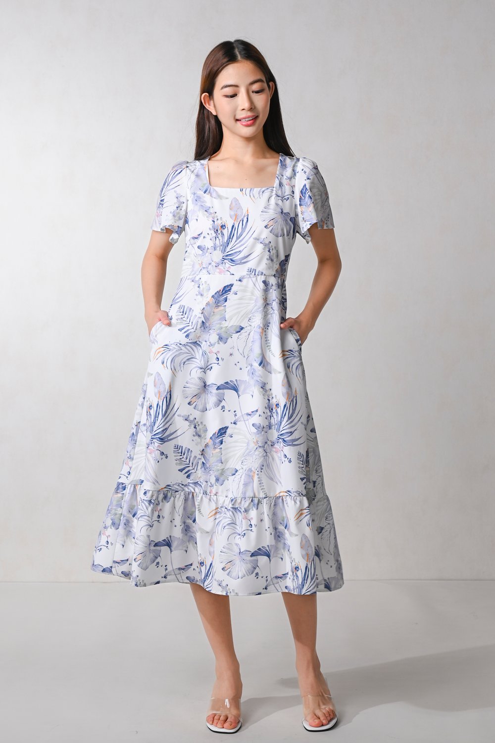 BLUE VALENTINE SQUARE-NECK SLEEVED MIDI DRESS