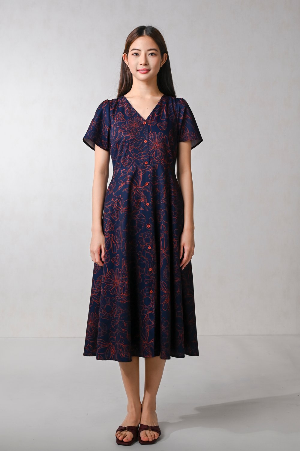 EMBER GLOW SLEEVED BUTTON MIDI DRESS