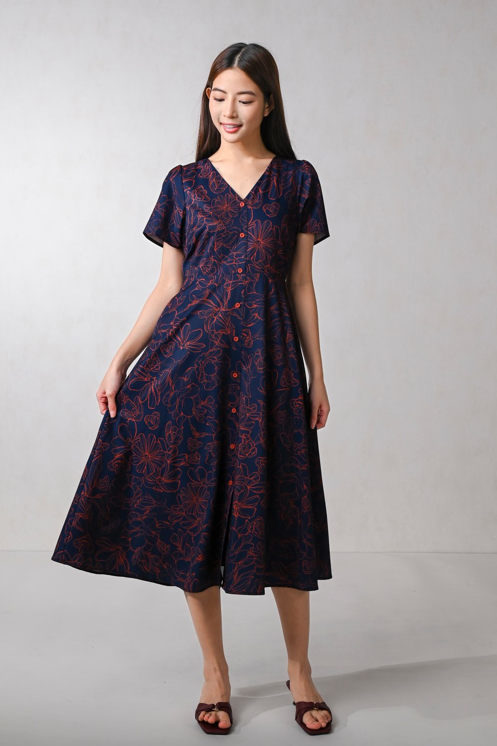 EMBER GLOW SLEEVED BUTTON MIDI DRESS