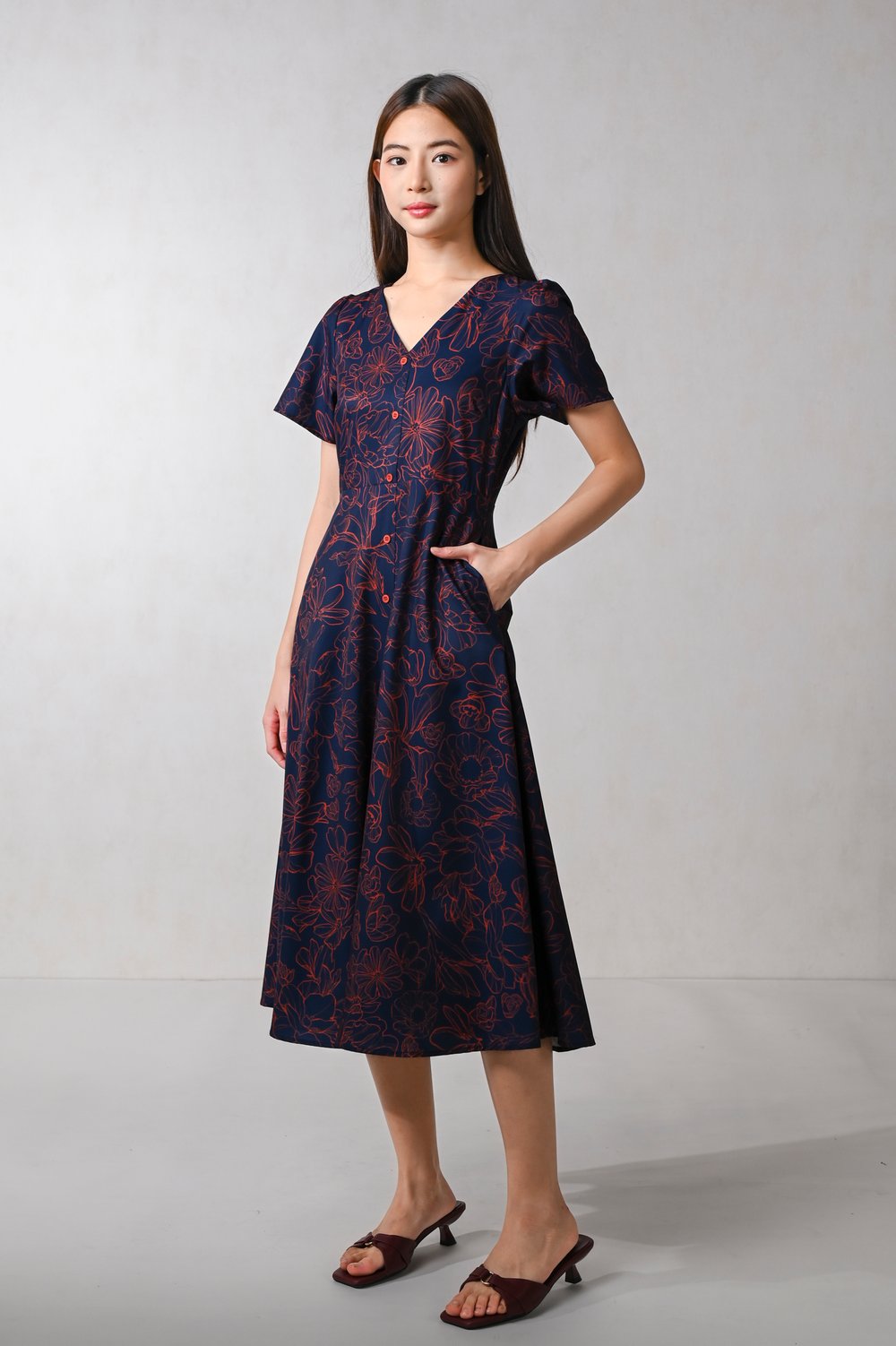 EMBER GLOW SLEEVED BUTTON MIDI DRESS