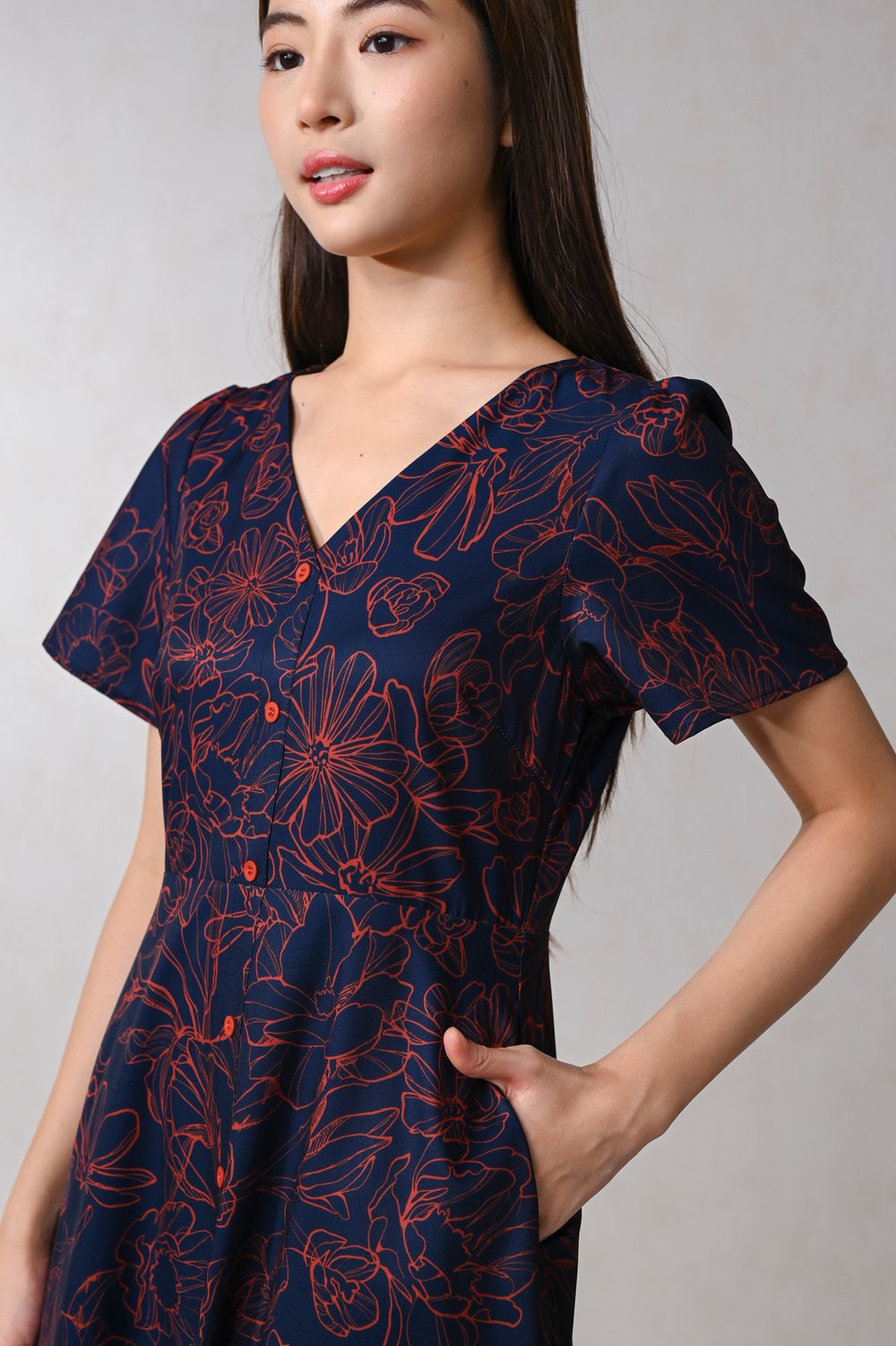 EMBER GLOW SLEEVED BUTTON MIDI DRESS