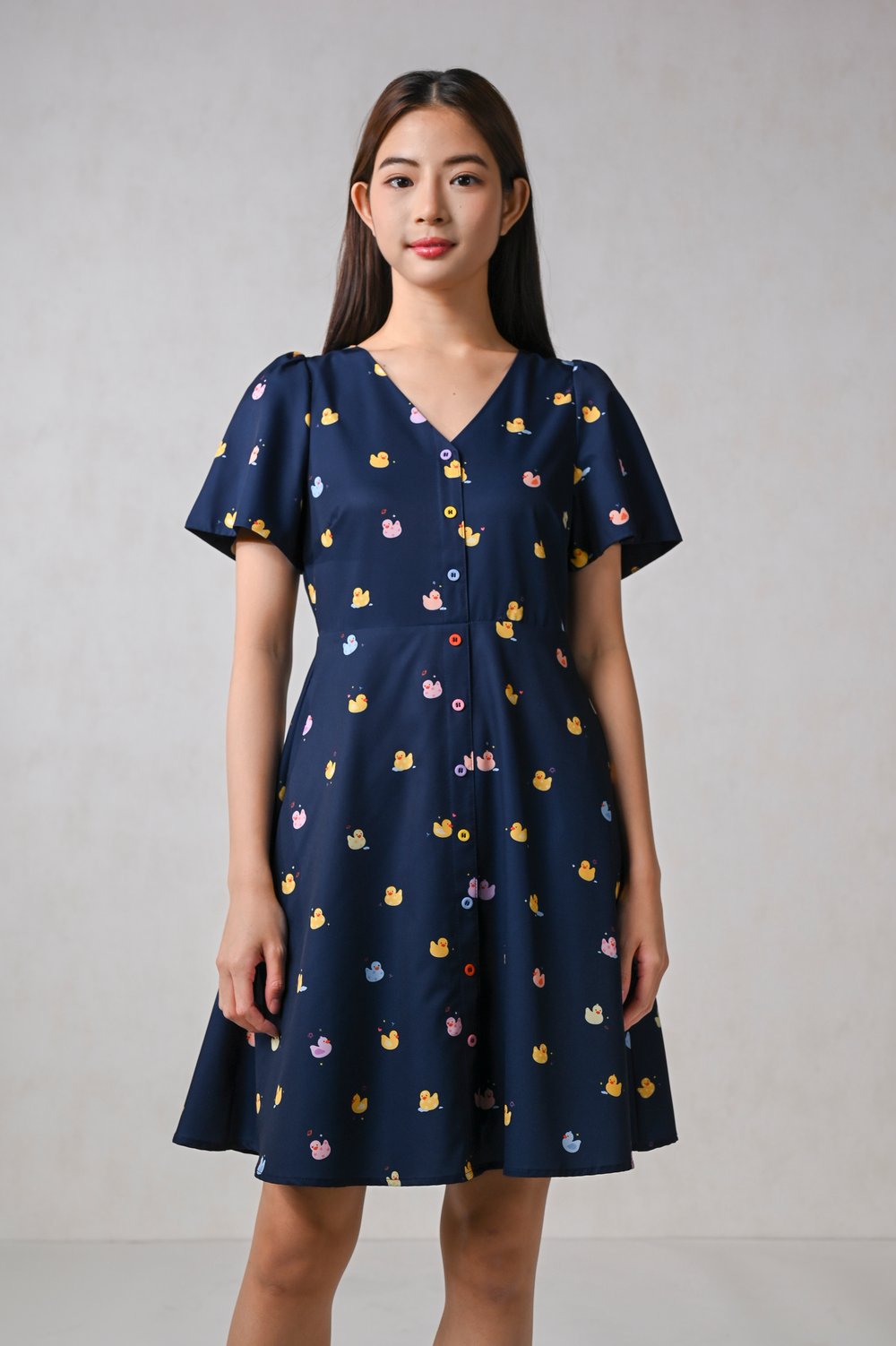 RUBBER DUCKIE SLEEVED SHORT BUTTON DRESS