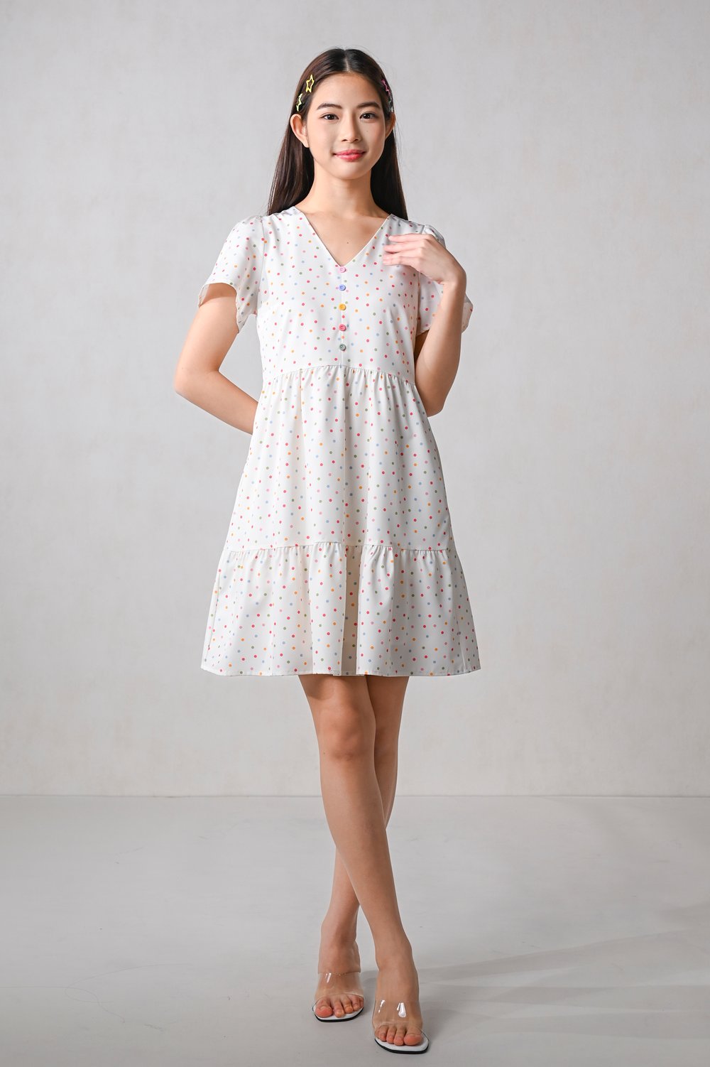 WONDER POLKA V-NECK BUTTON FLOUNCE DRESS