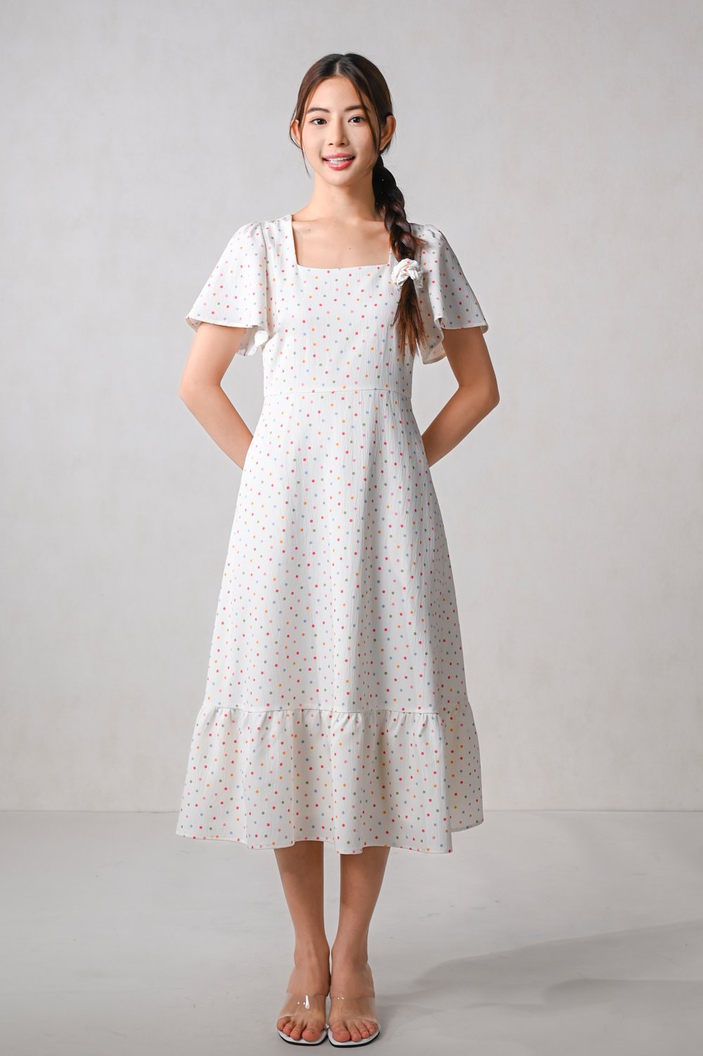 WONDER POLKA SQUARE-NECK SLEEVED MIDI DRESS