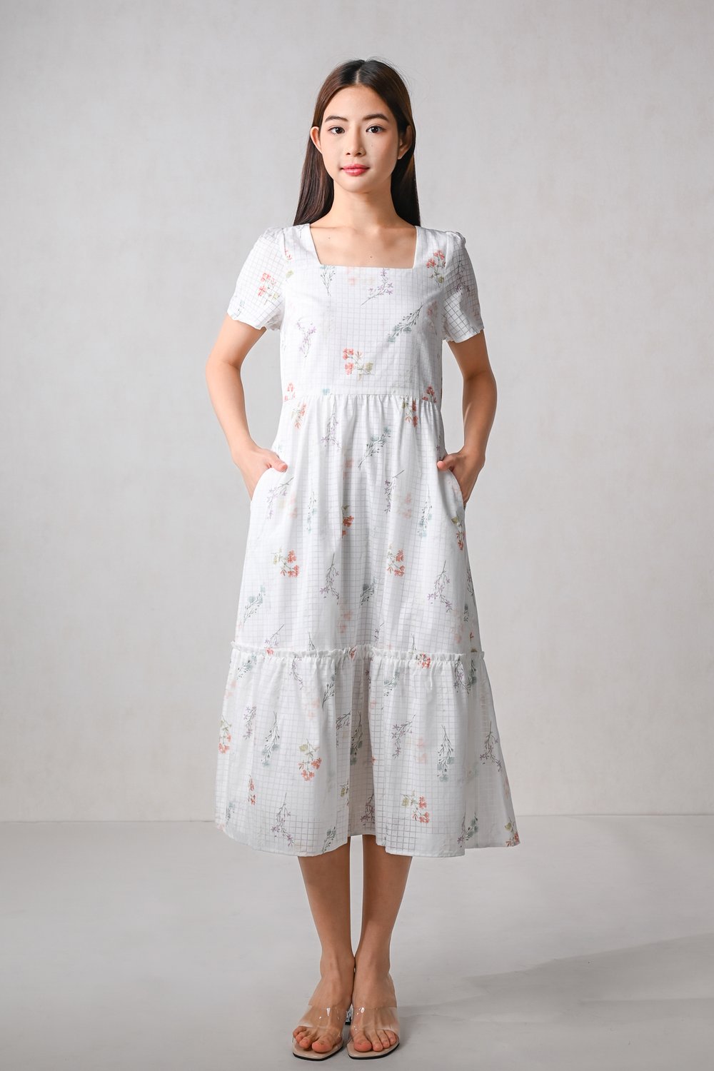 DULCIE GRID FLORAL SQUARE-NECK SLEEVED MIDI DRESS