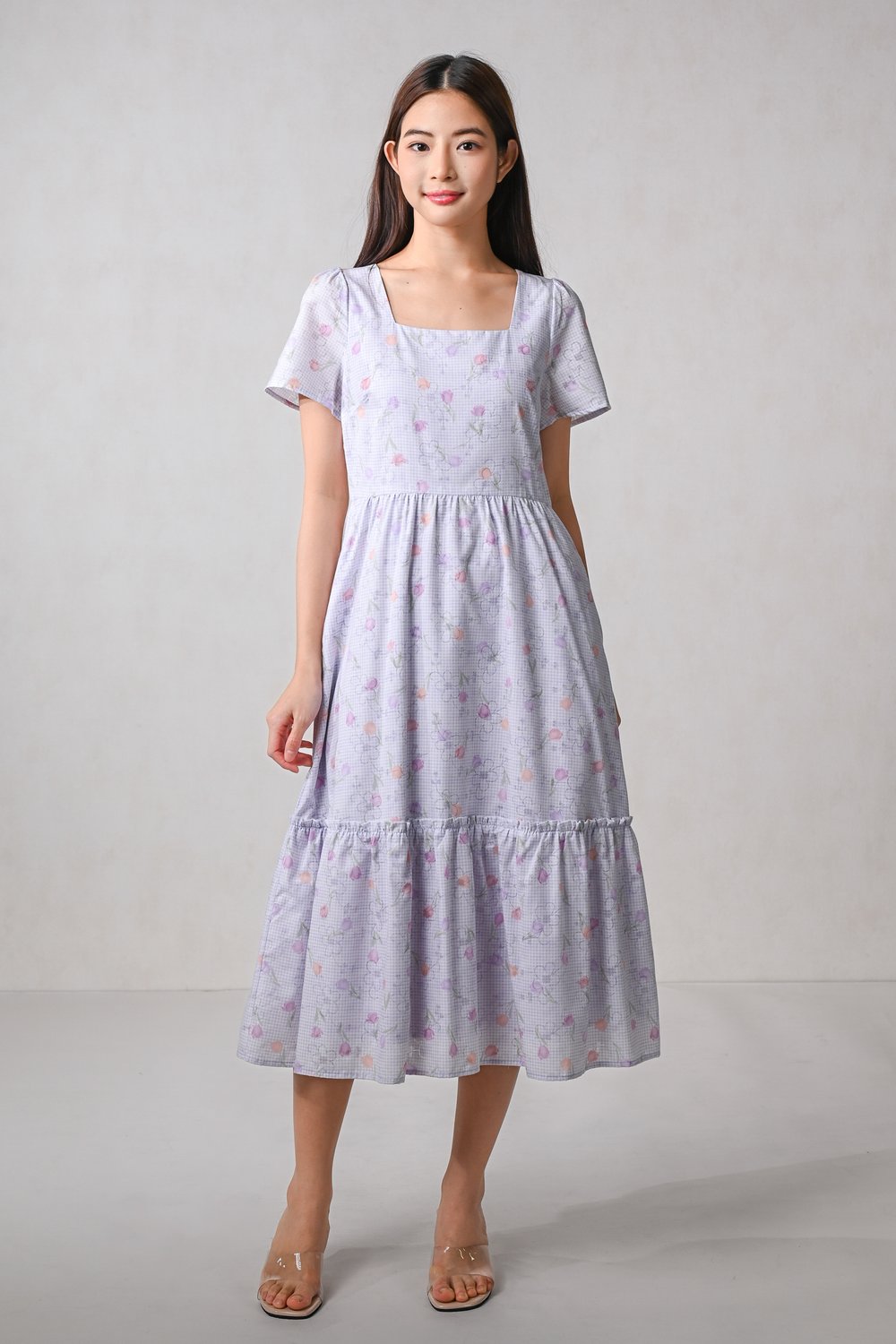 DWYN LILAC GINGHAM SQUARE-NECK SLEEVED MIDI DRESS