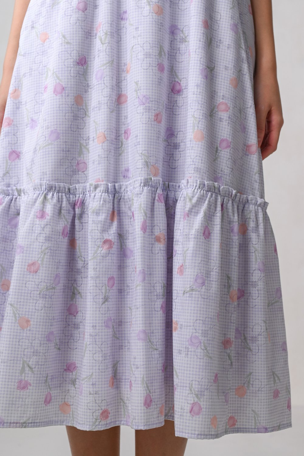 DWYN LILAC GINGHAM SQUARE-NECK SLEEVED MIDI DRESS