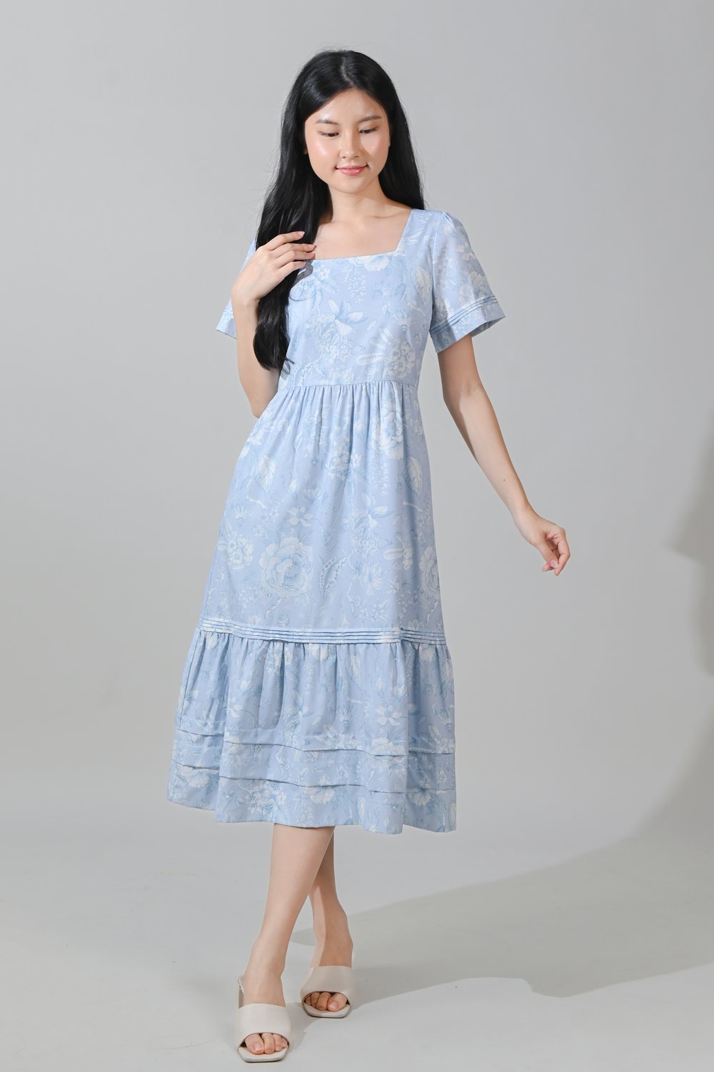 GENEVIE SQUARE-NECK PINTUCK MIDI DRESS IN BLUE PORCELAIN