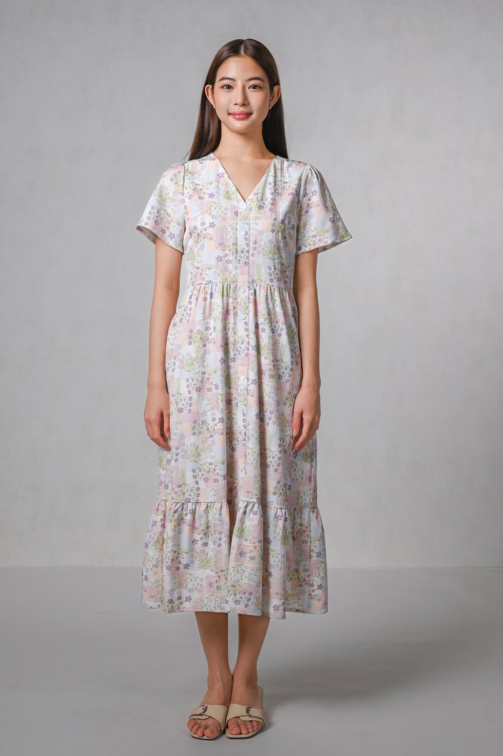 ORIEN PATCHWORK PRINT SLEEVED BUTTON MIDI DRESS