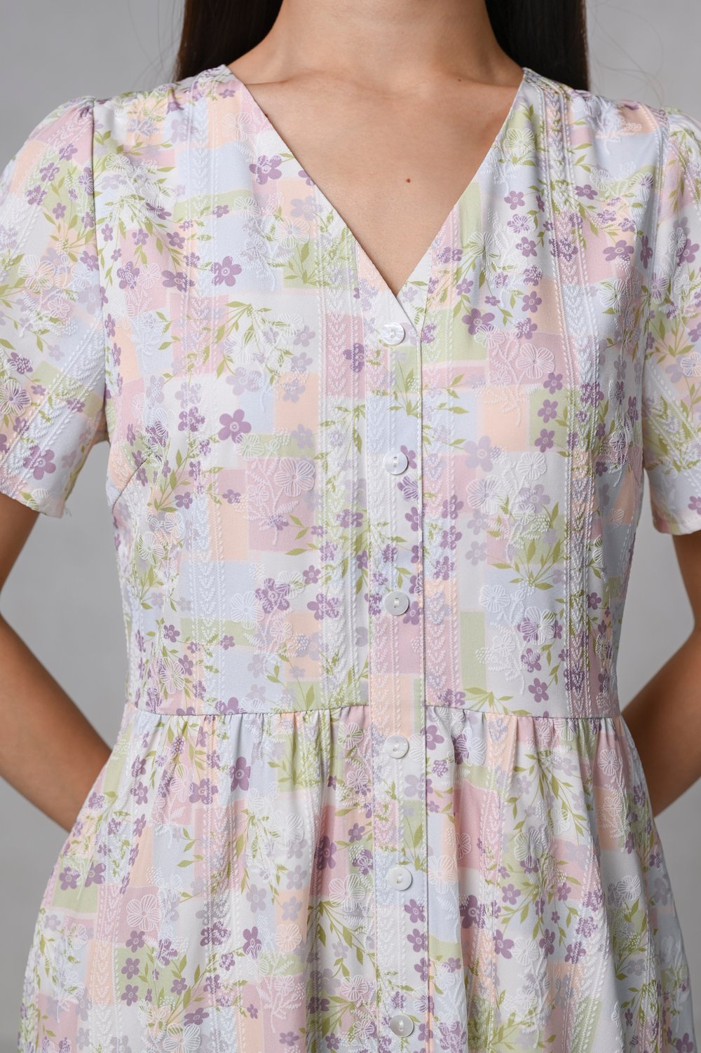 ORIEN PATCHWORK PRINT SLEEVED BUTTON MIDI DRESS