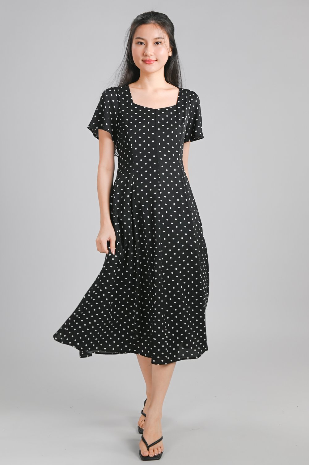 KAIA BLACK POLKA SLEEVED PANELLED MIDI DRESS