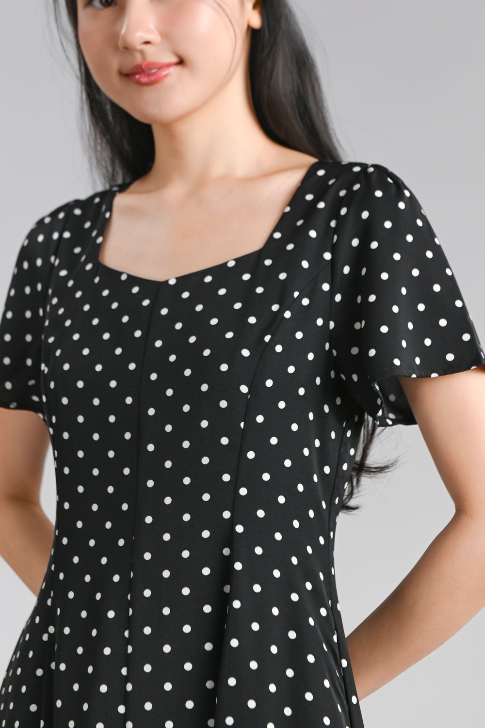 KAIA BLACK POLKA SLEEVED PANELLED MIDI DRESS