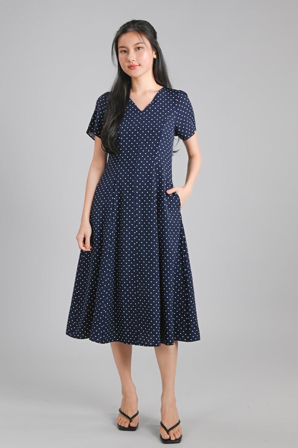 LUVAN NAVY POLKA V-NECK SLEEVED PANELLED MIDI DRESS