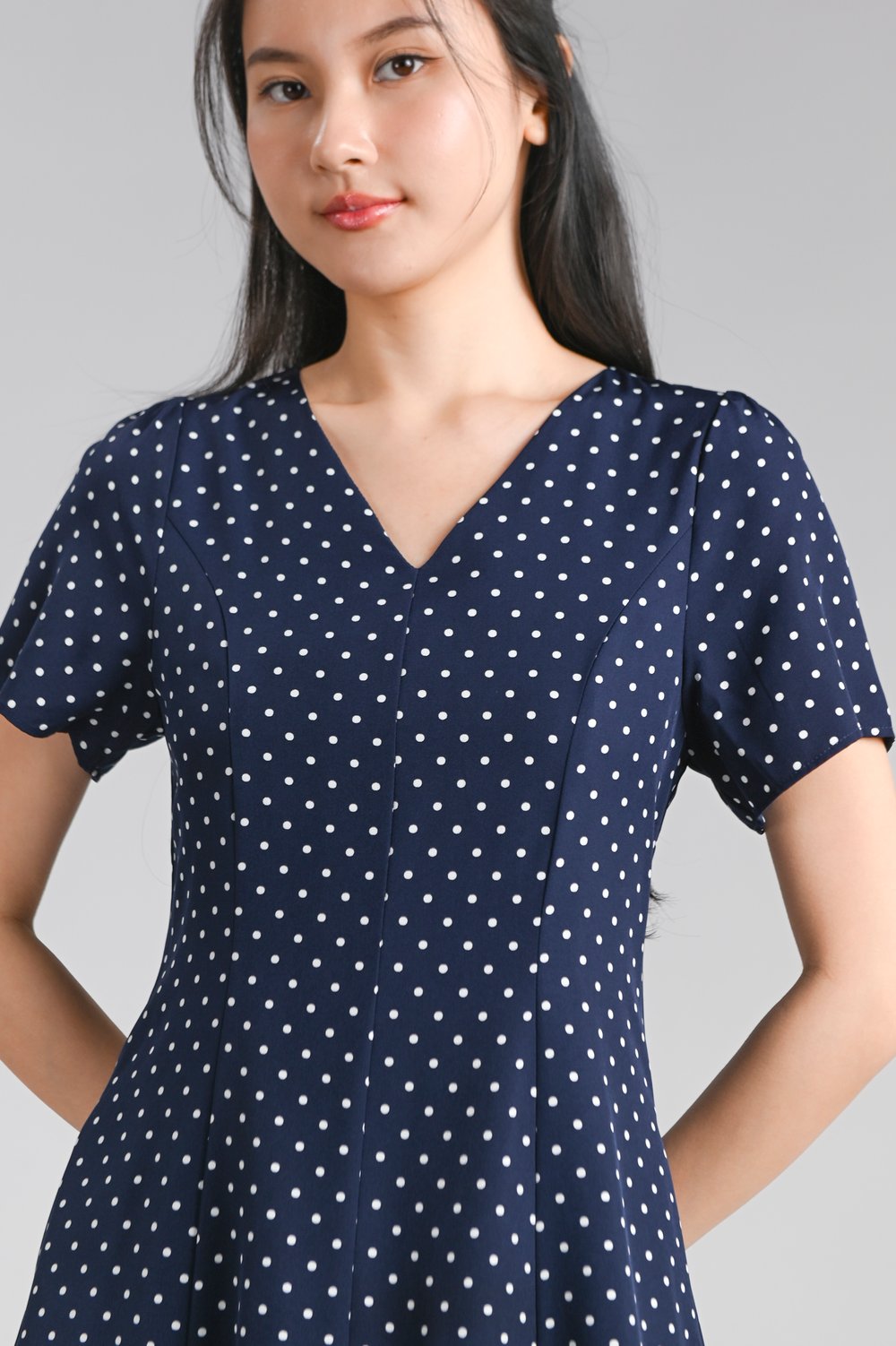 LUVAN NAVY POLKA V-NECK SLEEVED PANELLED MIDI DRESS