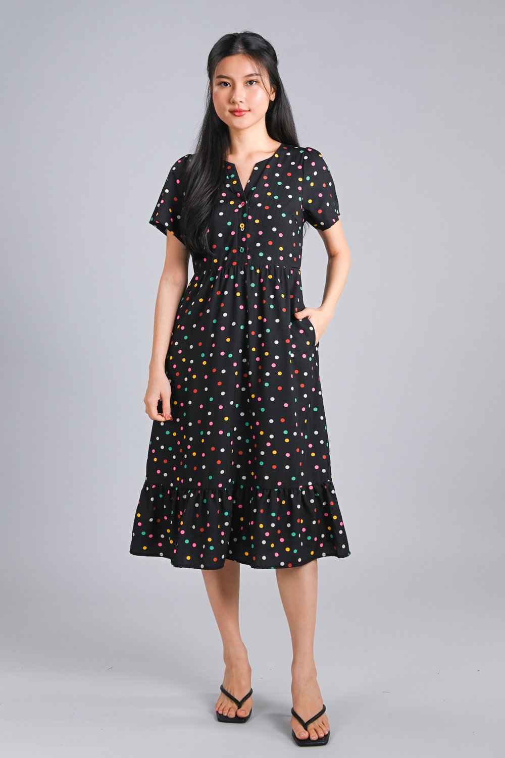 NOELLE BLACK COLOURFUL POLKA SLEEVED MIDI DRESS
