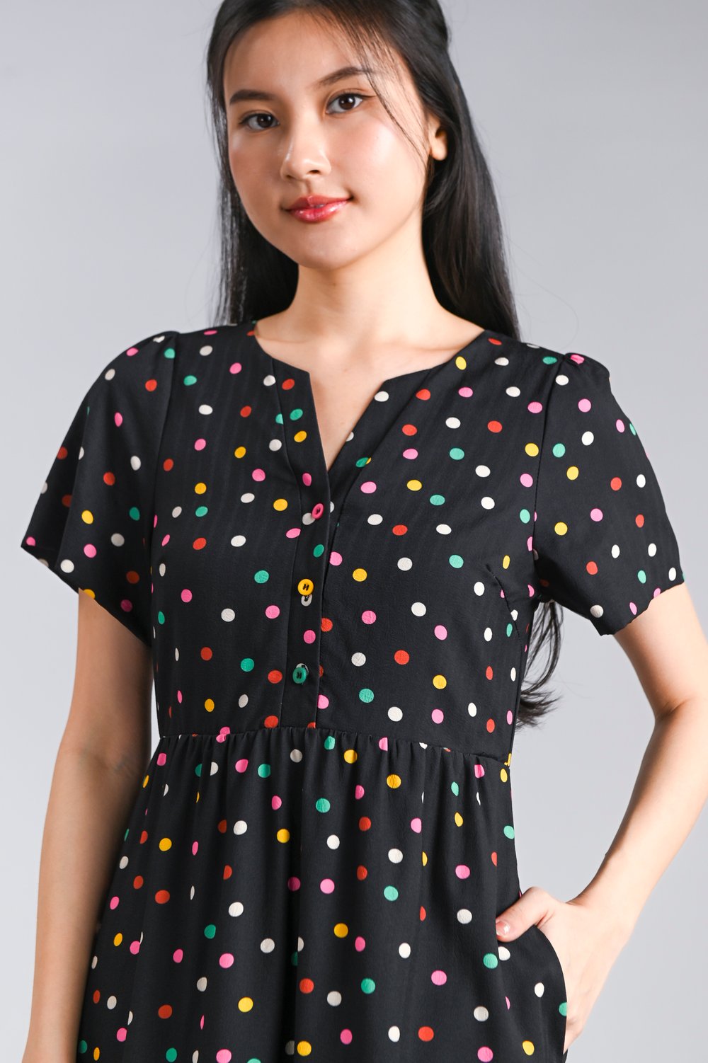 NOELLE BLACK COLOURFUL POLKA SLEEVED MIDI DRESS