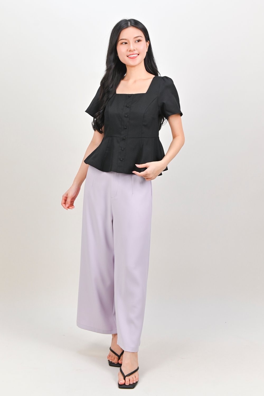 POET SQUARE-NECK SLEEVED PEPLUM TOP IN BLACK