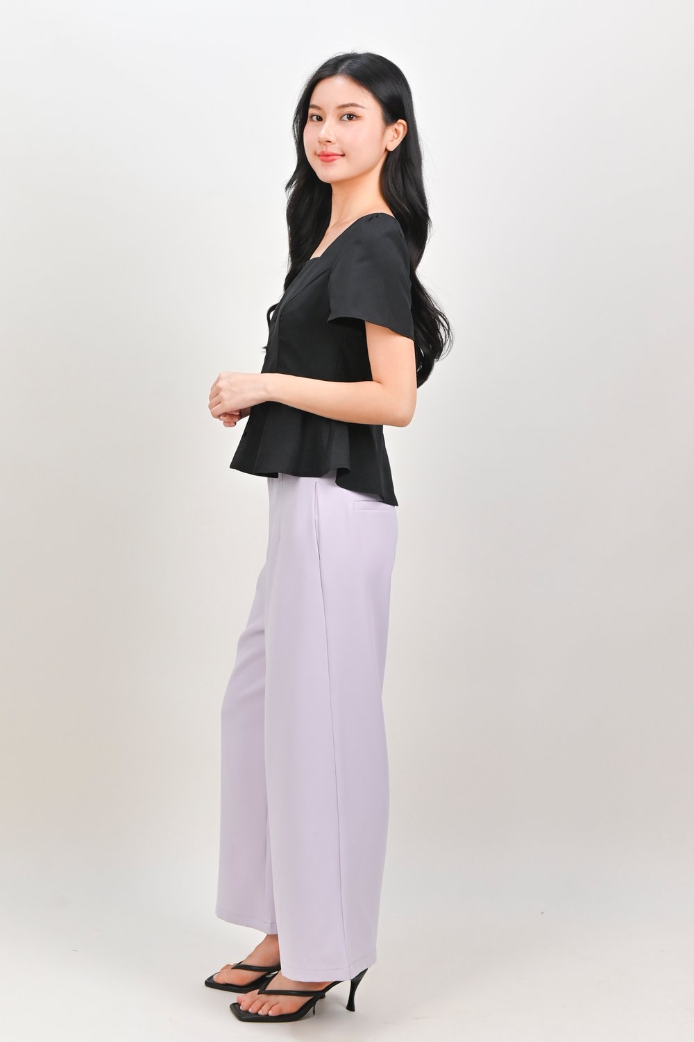 POET SQUARE-NECK SLEEVED PEPLUM TOP IN BLACK