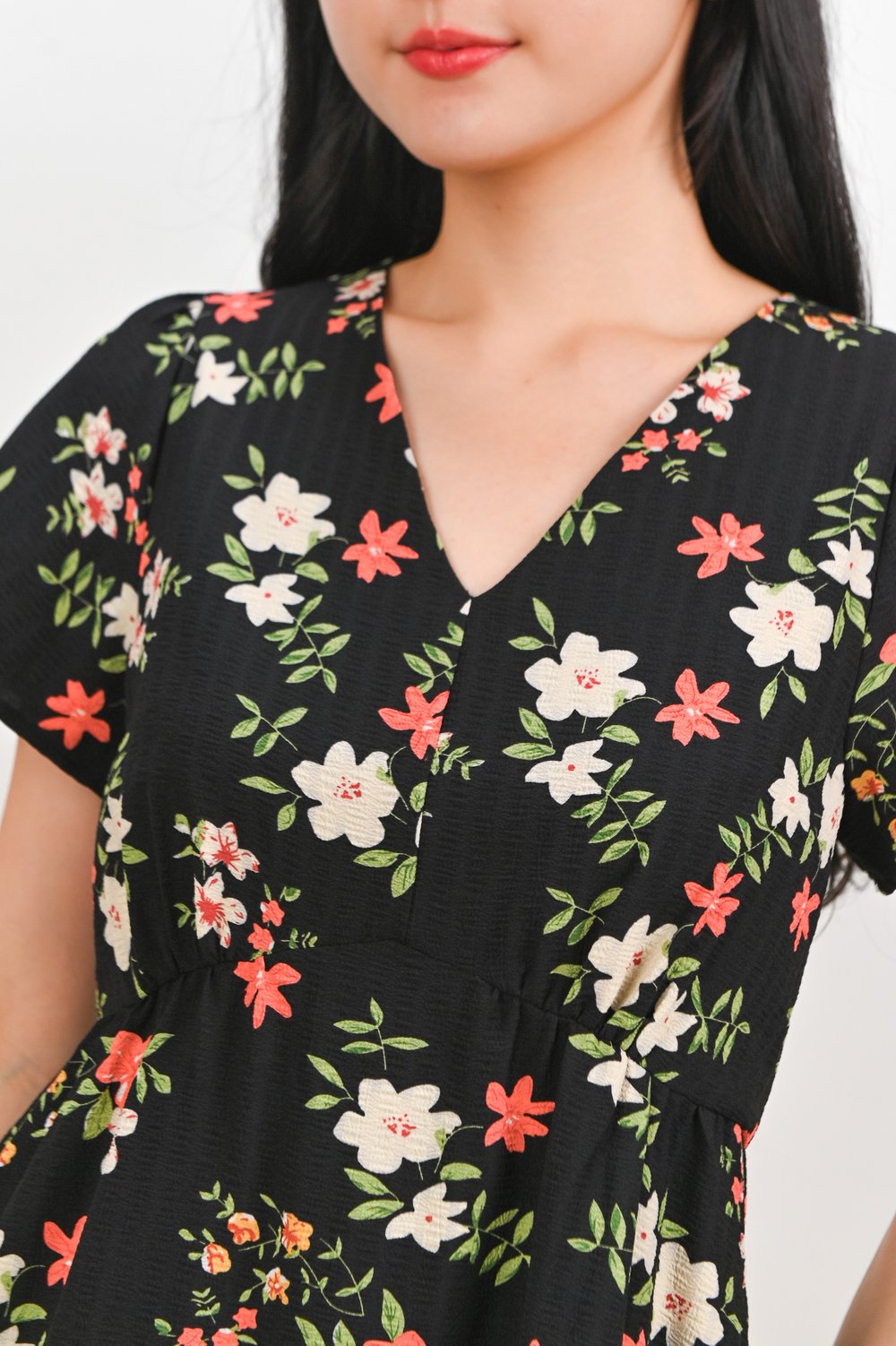 OLERA BLACK FLORAL V-NECK SLEEVED MIDI DRESS